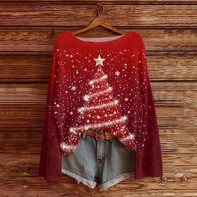 Horkkom Chandails de Noël pour Femmes Automne et Hiver Imprimé de Noël Manches Longues Col Rond Chandail m