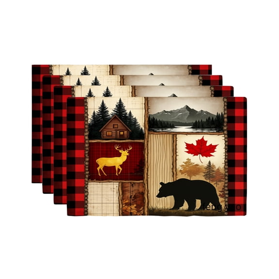 Amarainy Rustic Cabin Bear Deer And Maple Leaf Plaid Design Linen Table Mats Set Of 4 For Home Kitchen Table Decor 12x18 inch