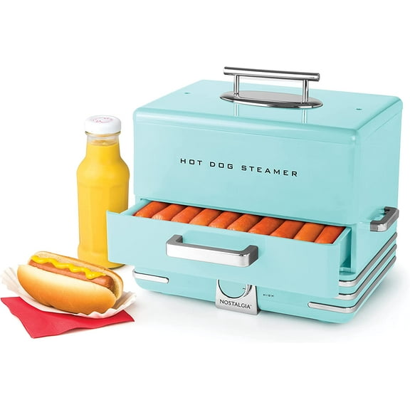 Extra Large Diner-Style Steamer, 20 Hot Dogs and 6 Bun Capacity, Perfect for Breakfast Sausages, Brats, Vegetables, Fish, Aqua