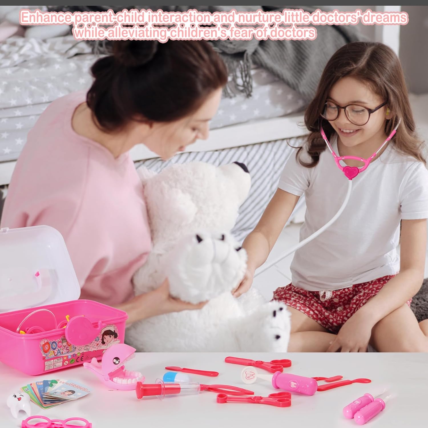 Hinzonek Doctor Kit for Kid,Dentist Doctor Set,55Pcs Doctor Pretend Playset for Toddlers Doctor KitRole Playing Game for Boys and Girls,Birthday Girls Gifts,Pink