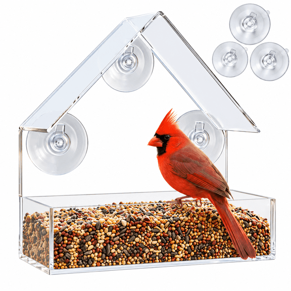 Window Bird Feeder with Strong Suction Cups for Outside, Birdhouse Shape, Clear Acrylic Window Mounted Birdhouse