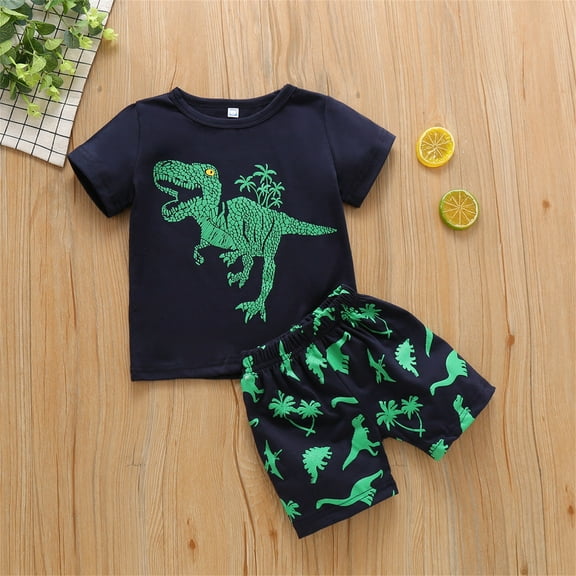 ATOGUTA Summer Outfits for Toddler Boy Casual Dinosaur Print Short-sleeved Shorts Clothes Set, Sizes 12M-7