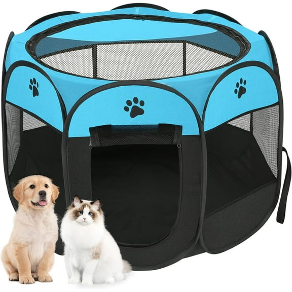 TJOUL Dog playpen, Foldable Puppy Playpen, Pet Playpen Carrier Pop Up Tent 8-Panel Mesh Cover Adorable Design 600D Soft Oxford Playpen Kennel for Indoor-Outdoor Dog Cat Rabbit. (M 35" 35" 24", Rose)