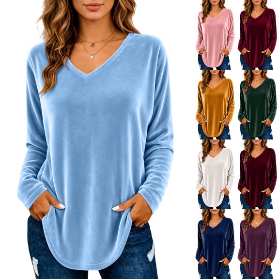 V Neck Velvet Tunic Top for Women Long Sleeve Loose Fit Pullover Curved Hem Casual Shirt Blouse Going Out Spring Fall Winter