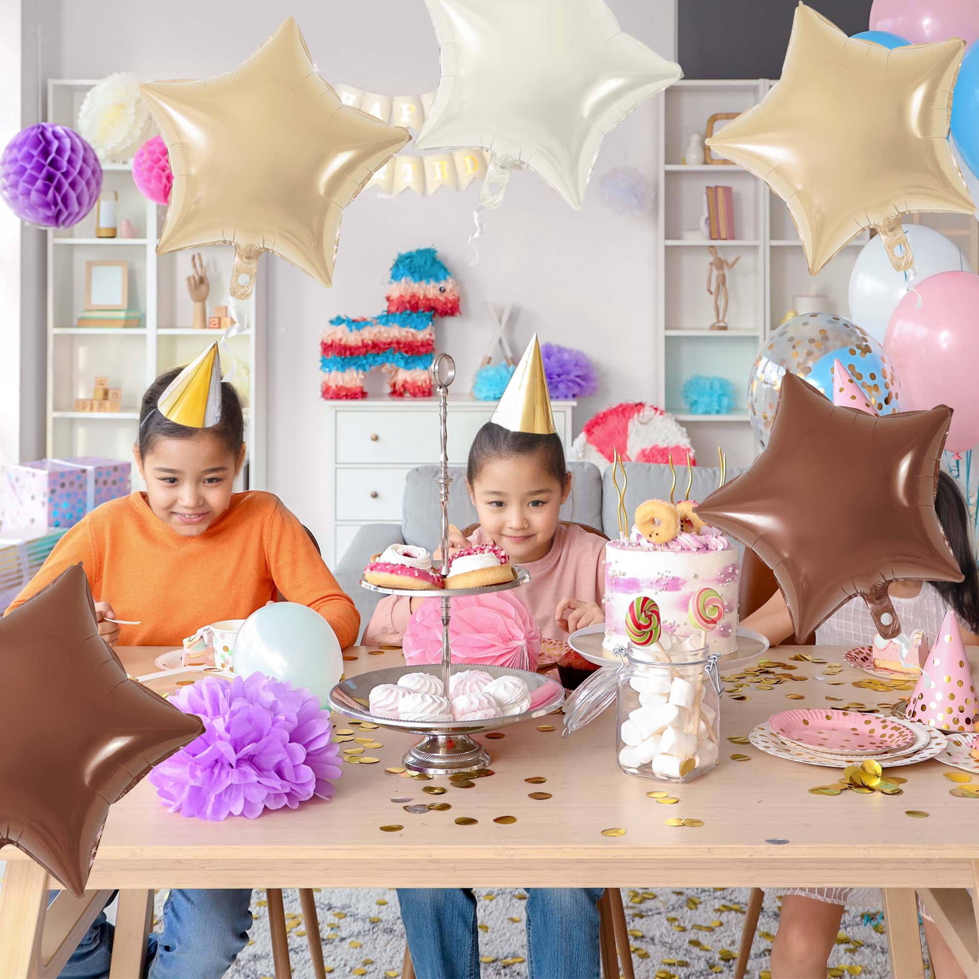 Unique Bargains 10Pcs Helium Balloons with Ribbon Star Pattern White Brown Apricot