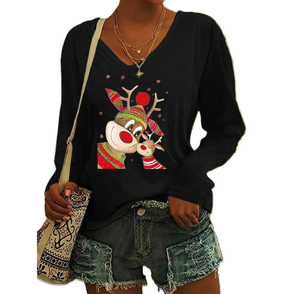 DYMADE Women Christmas Loose Round Neck Pullover Printed Long Sleeved T-shirt Top