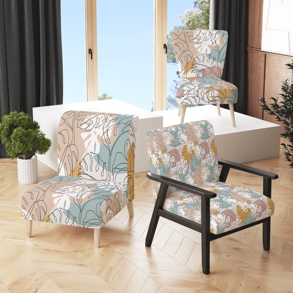 Designart "Tropical Monstera Leaves Silhouette And Line Art" Upholstered Patterned Accent Chair and Arm Chair