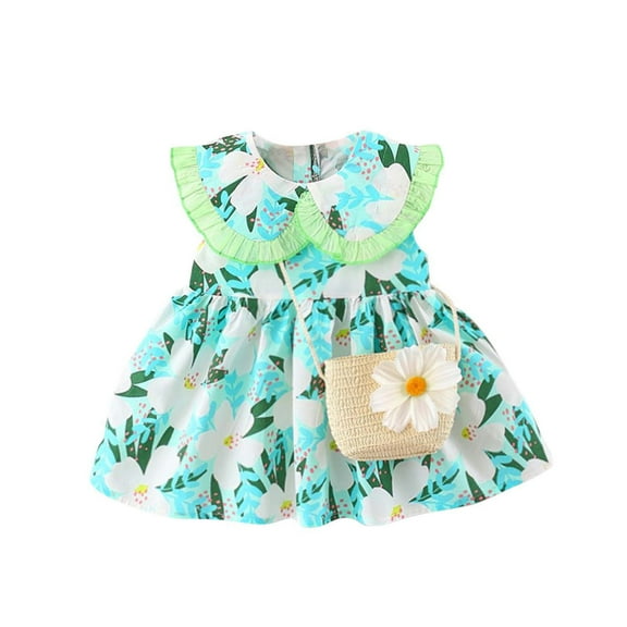 Odeerbi Girls Dress Baby Girls Clothes Toddler Dress Print Sleeveless Tank Top Dress Cute Doll Collar Princess Dress Satchel Green