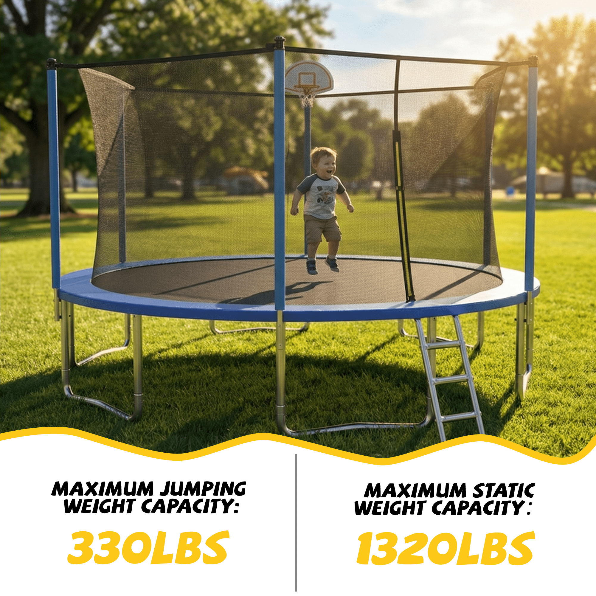 Mersco 14ft Heavy Duty Trampoline PLAY for Kids and Adult,Outdoor with Safety Enclosure Net, Basketball Hoop,Ladder,Jumping Trampoline for Boys and Girls Birthday Gifts, Big Backyard Trampoline, Blue