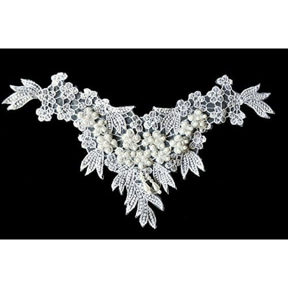Altotux 11" x 6.5" White Bridal Bodice Beaded Embroidery Motif Applique by 2 Pcs