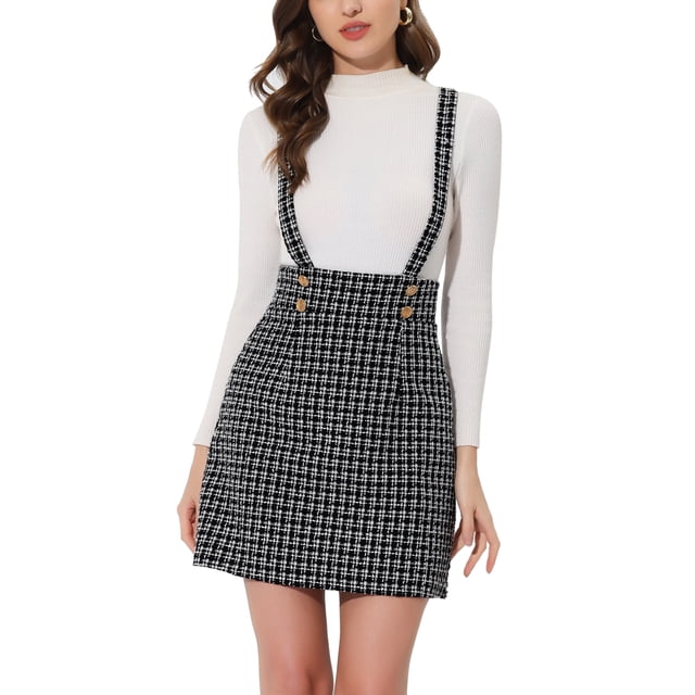 INSPIRE CHIC Jupe Moulante Mini à Bretelles pour Juniors en Tweed à Carreaux à Bretelles Ajustables avec Fermeture Éclair Noir TP