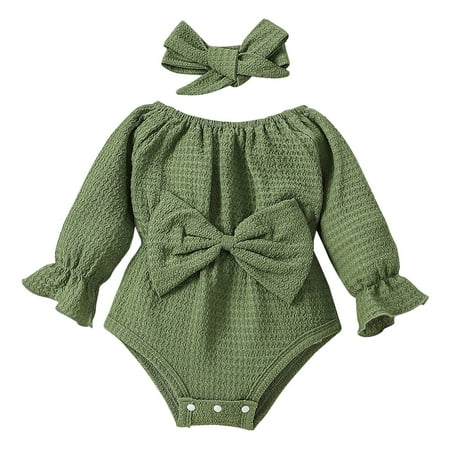 

YWLINK Toddler Kids Boys Girls Romper Crewneck Long Sleeve Bow Solid Color Button Down Outside Bodysuit Romper Jumpsuit with Headband