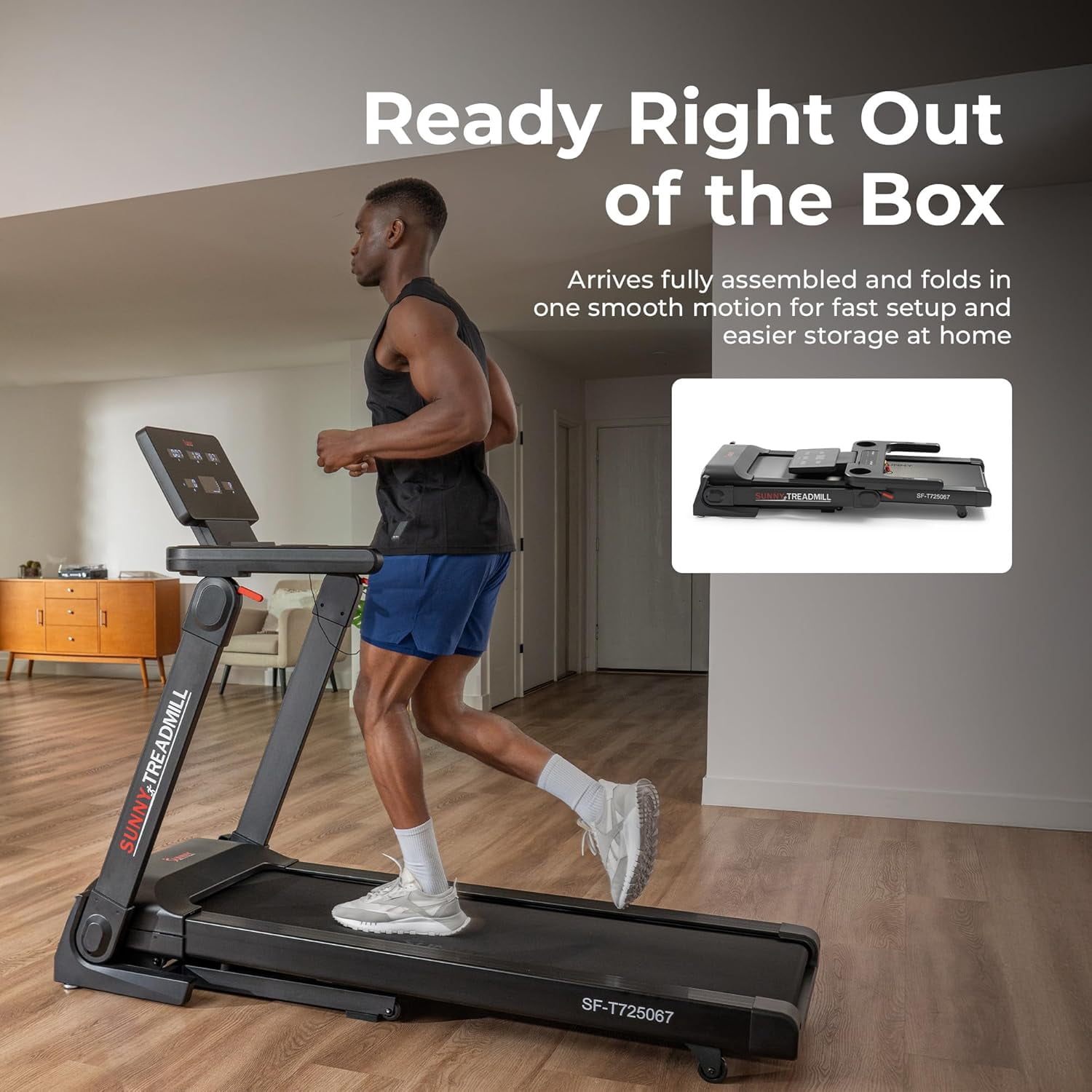 Sunny Health & Fitness Platinum Smart Fold Treadmill, No Assembly, SunnyFit App with Trainer-Led Workouts, Built-In Wi-Fi, Auto Incline, Brushless Motor, 300 LB Capacity