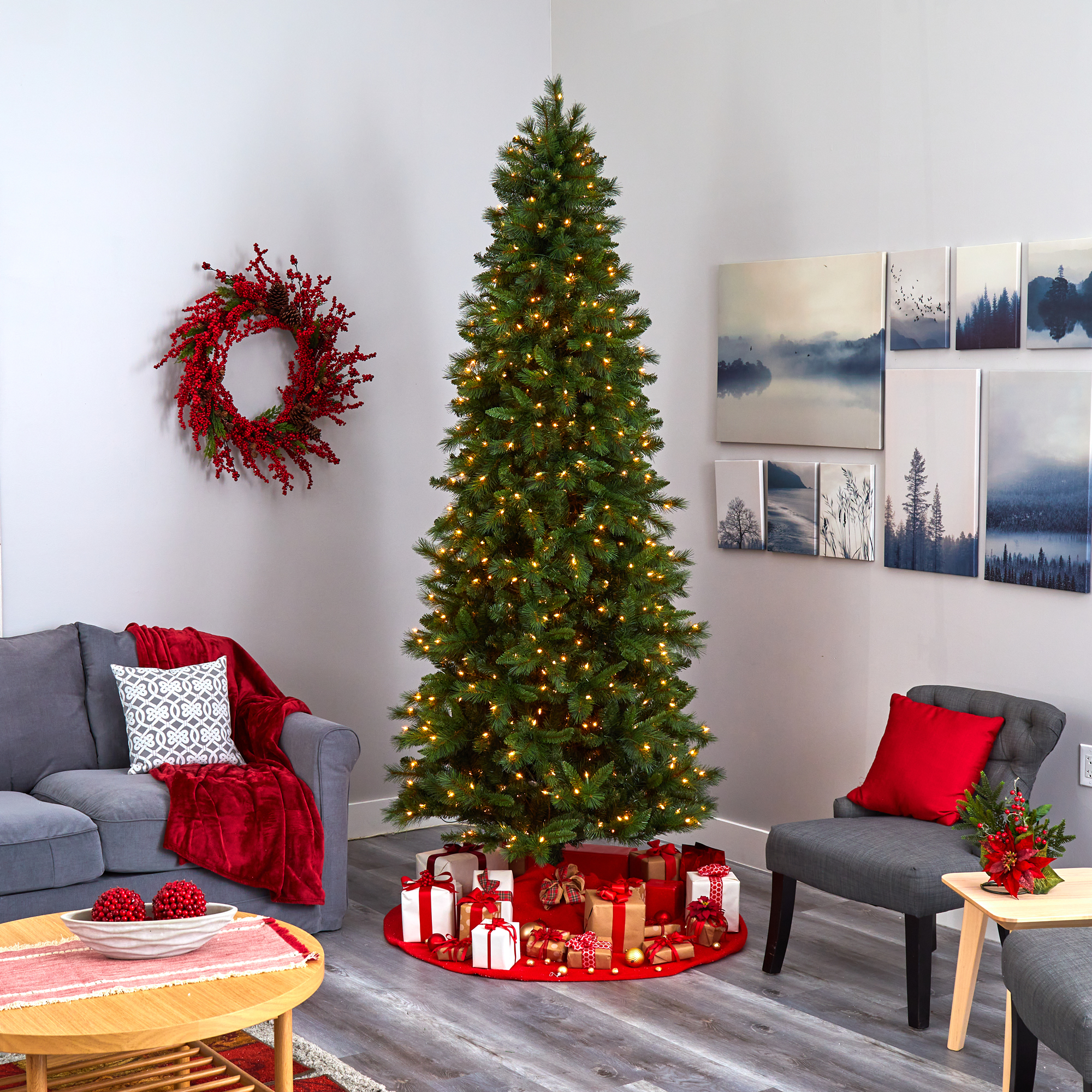 Nearly Natural Clear Prelit 600 LED Green Holiday Slim West Virginia Mountain Pine Artificial Christmas Tree, with 1359 Bendable Branches 9'