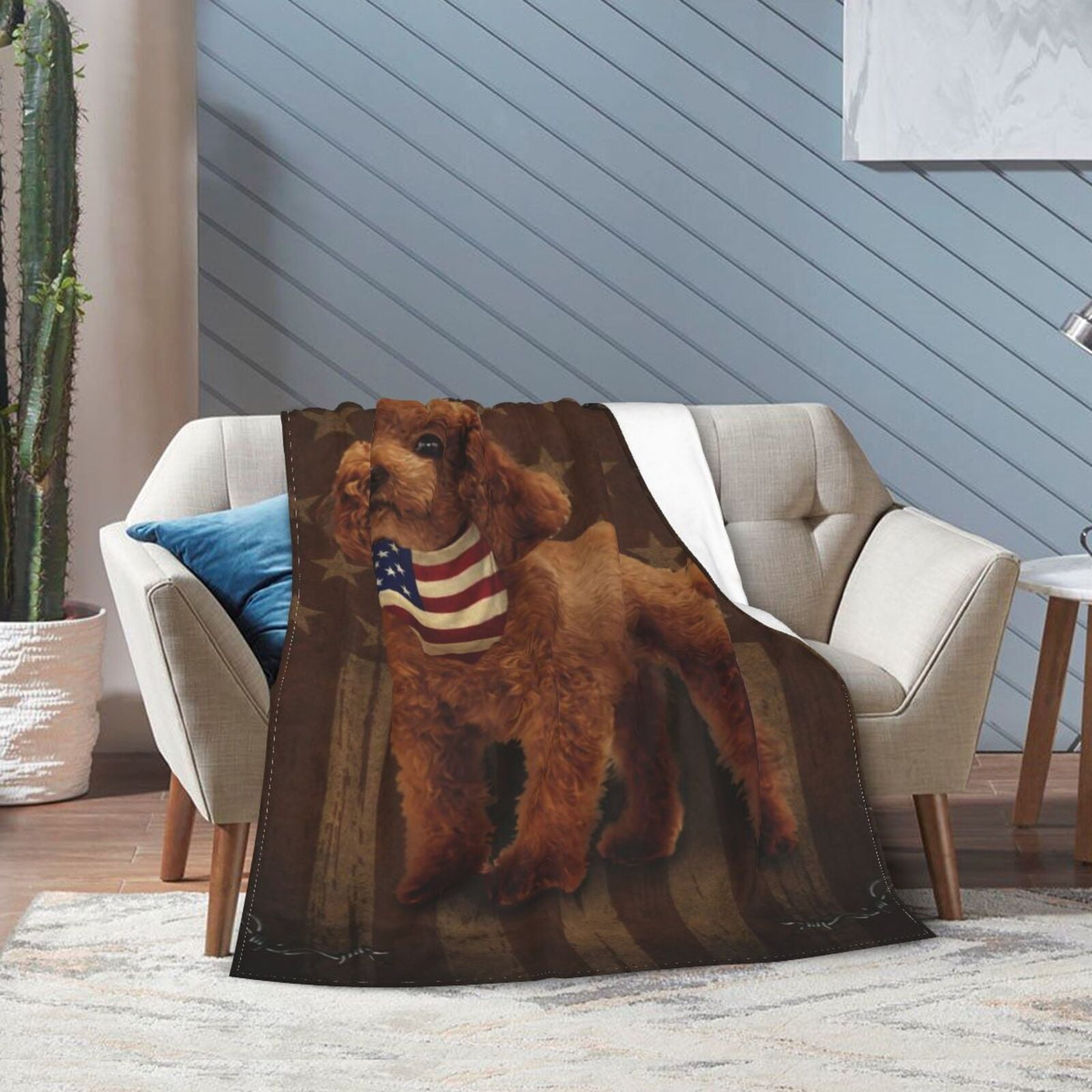 Wijzvio Cockapoo Dog With Vintage American Flag Throw Blanket Soft Fuzzy Fleece Blanket For Couch Bed Living Room Decoration 60"X50"