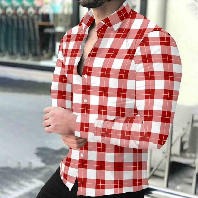 Timdgard Button down Shirts for Men Fall Plaid Lapel V Neck Long Sleeve Shirts Work Casual Tops