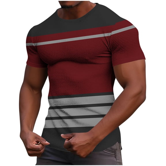 Men's Color Block Waffle T-Shirt Casual Muscle Fit Crewneck Short Sleeve Tops Lightweight Summer Basic Sport Shirt