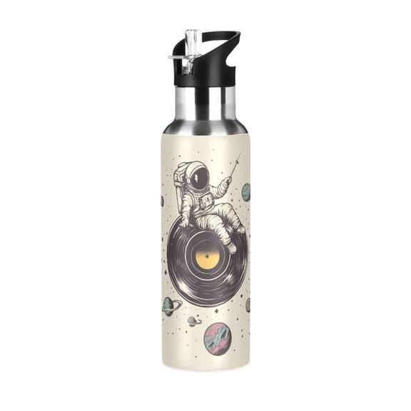 Yayeee 20oz Insulated Water Bottle Double Wall Stainless Steel with Flip Straw Lid, Beige Astronaut Planet