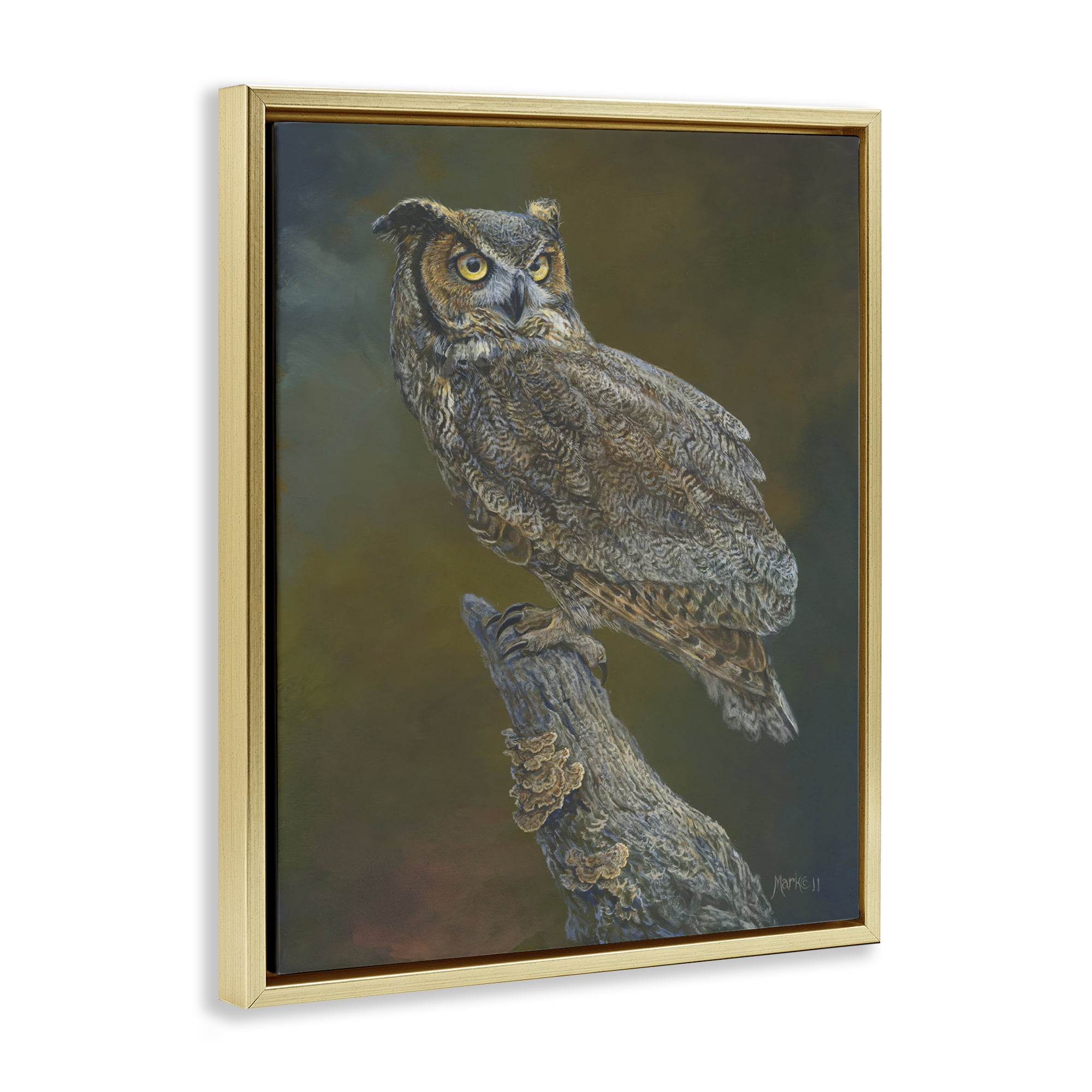 Stupell Industries Great Horned Owl on Branch Animals Painting Gold Floater Framed Canvas Art Print Wall Art, 17 x 21