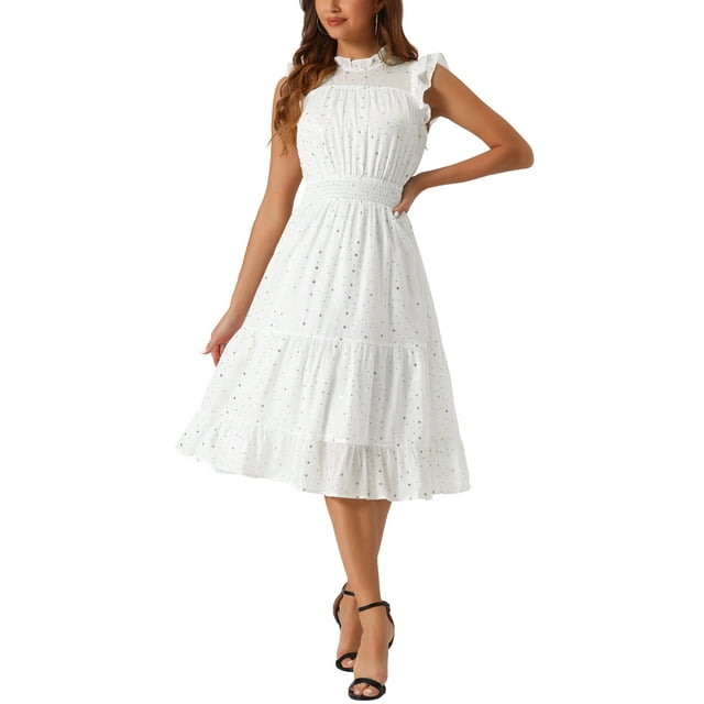 Vestido de gasa sin mangas para mujer Inspire Chic con cintura fruncida y estrellas metálicas doradas, vestido de fiesta blanco M