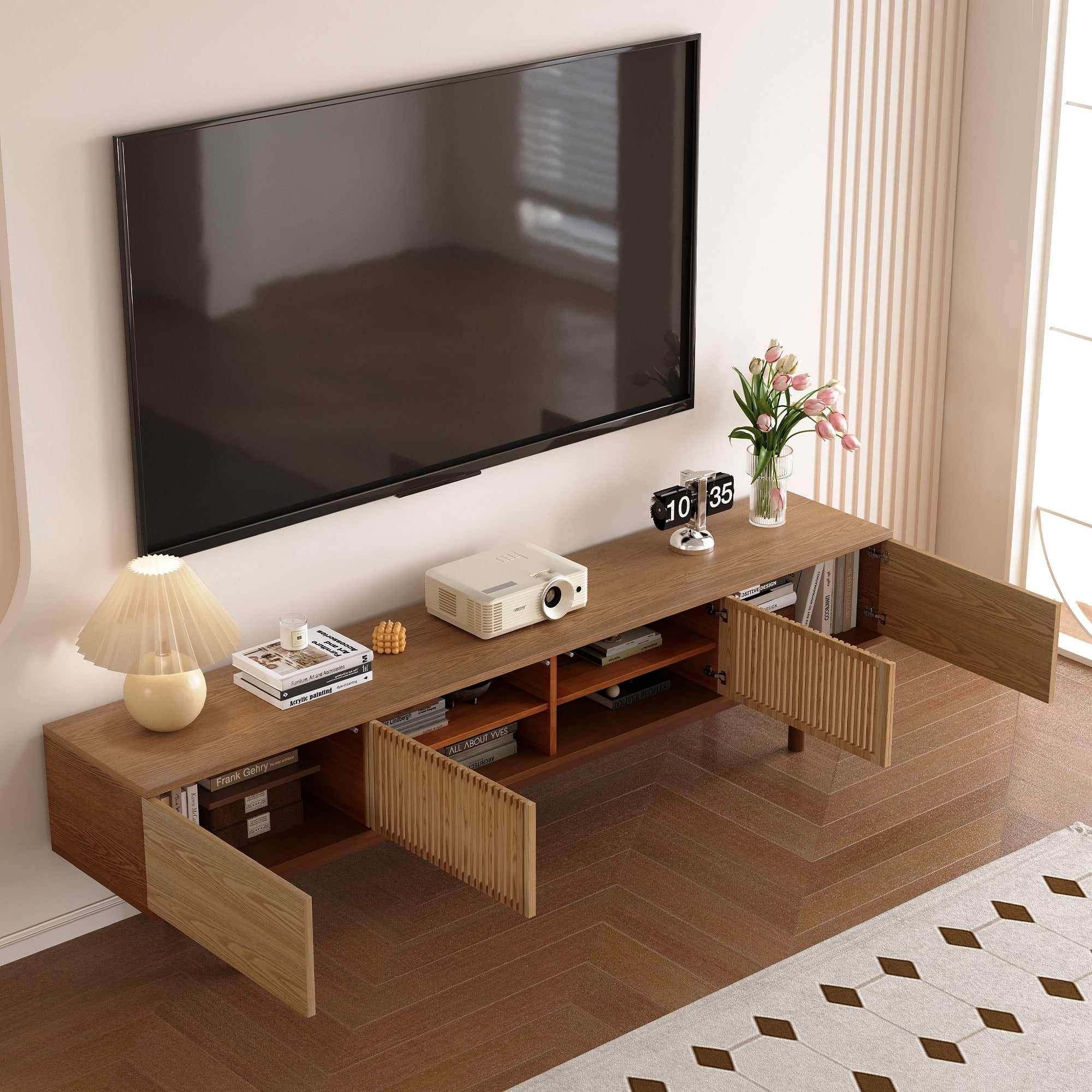 gaoyangjiaju Mid Century Modern 86.6" Solid Wood TV Stand, Ready-to-Use Entertainment Center with Storage, TV Console for Living Room & Bedroom, Walnut