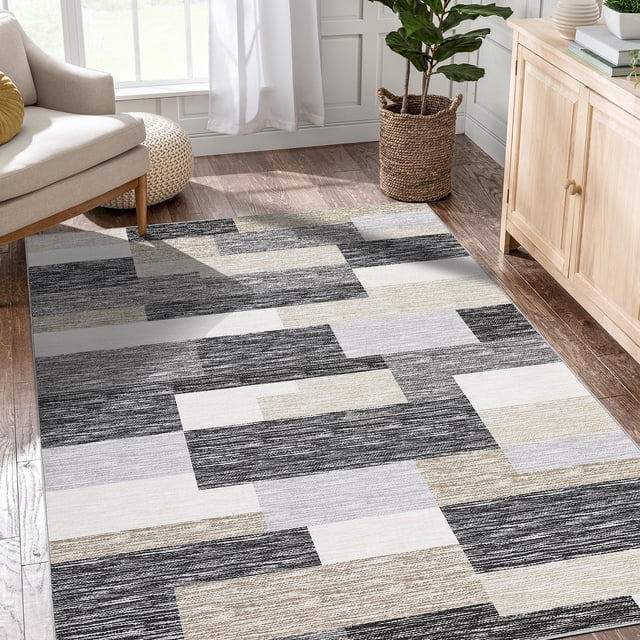 GlowSol 5'x7' Modern Geometric Area Rug Washable Non Slip Low Pile Rug Soft Foldable Thin Accent Rugs for Dining Room Bedroom, Gray Camel/Multi