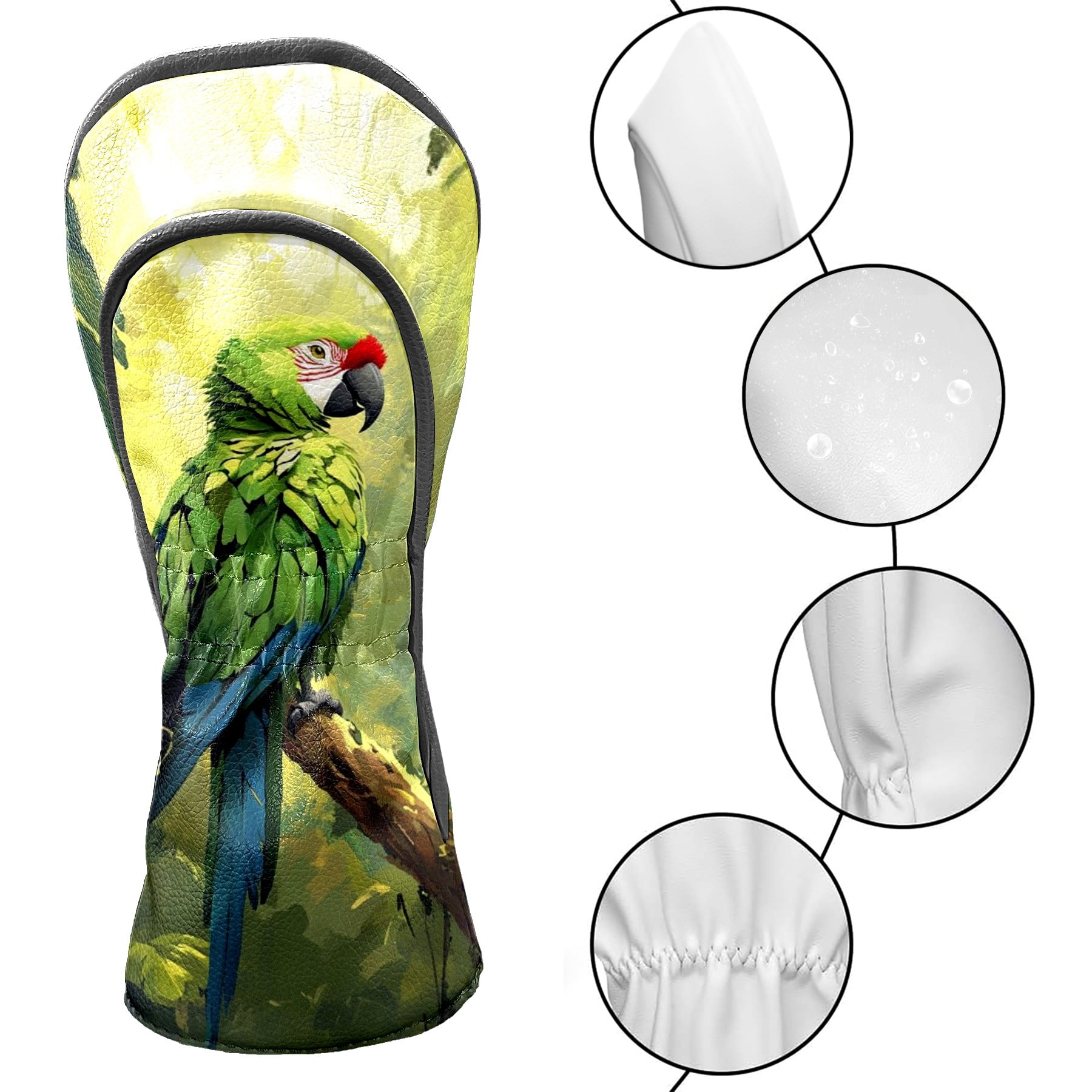 Golf Club Covers PU Leather Waterproof Head Covers for Fairway Woods Hybrids Green Parrot Unisex Fits Most Brands