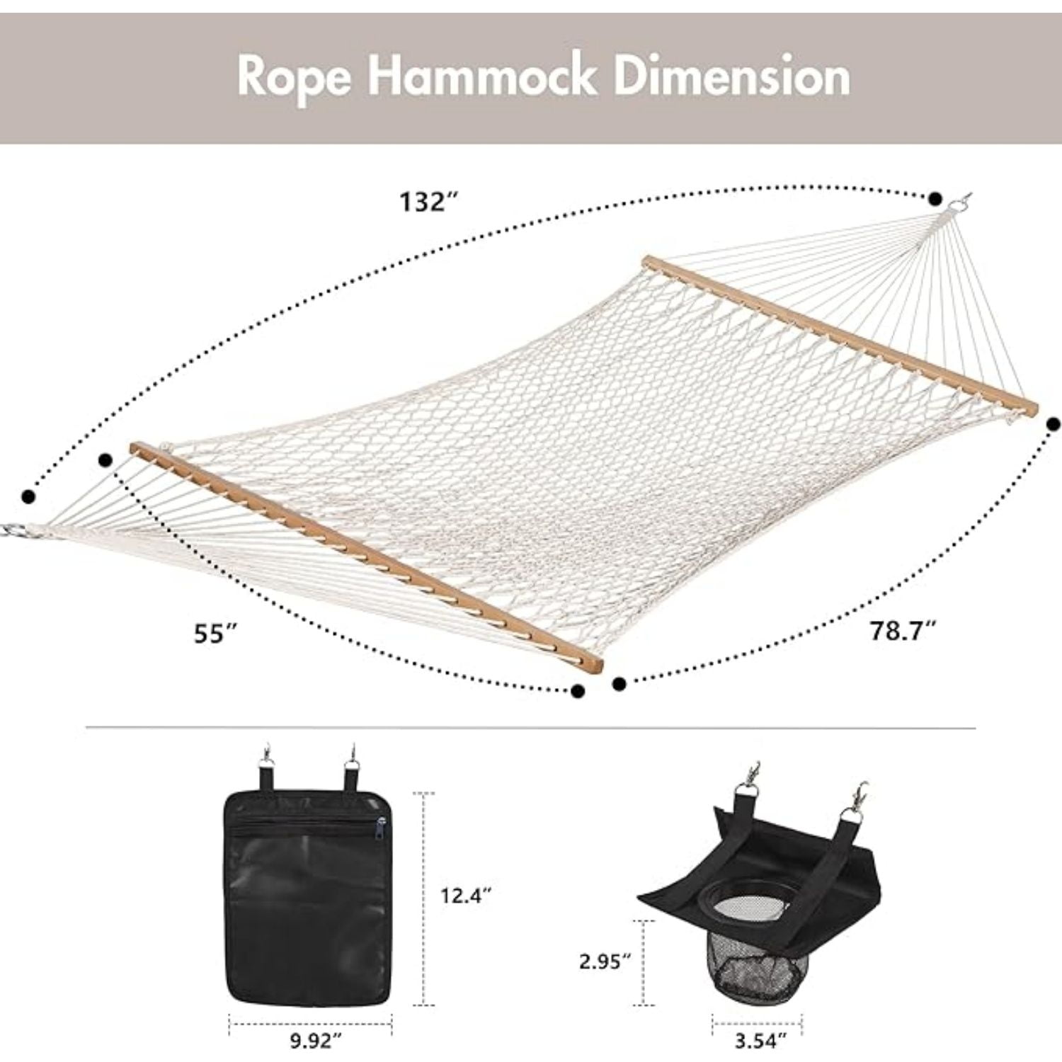 Rope Hammock Double Hammock with Hardwood Spreader Bar and Carrying Bag, 450 LBS Weight Capacity for Two Person, Natural