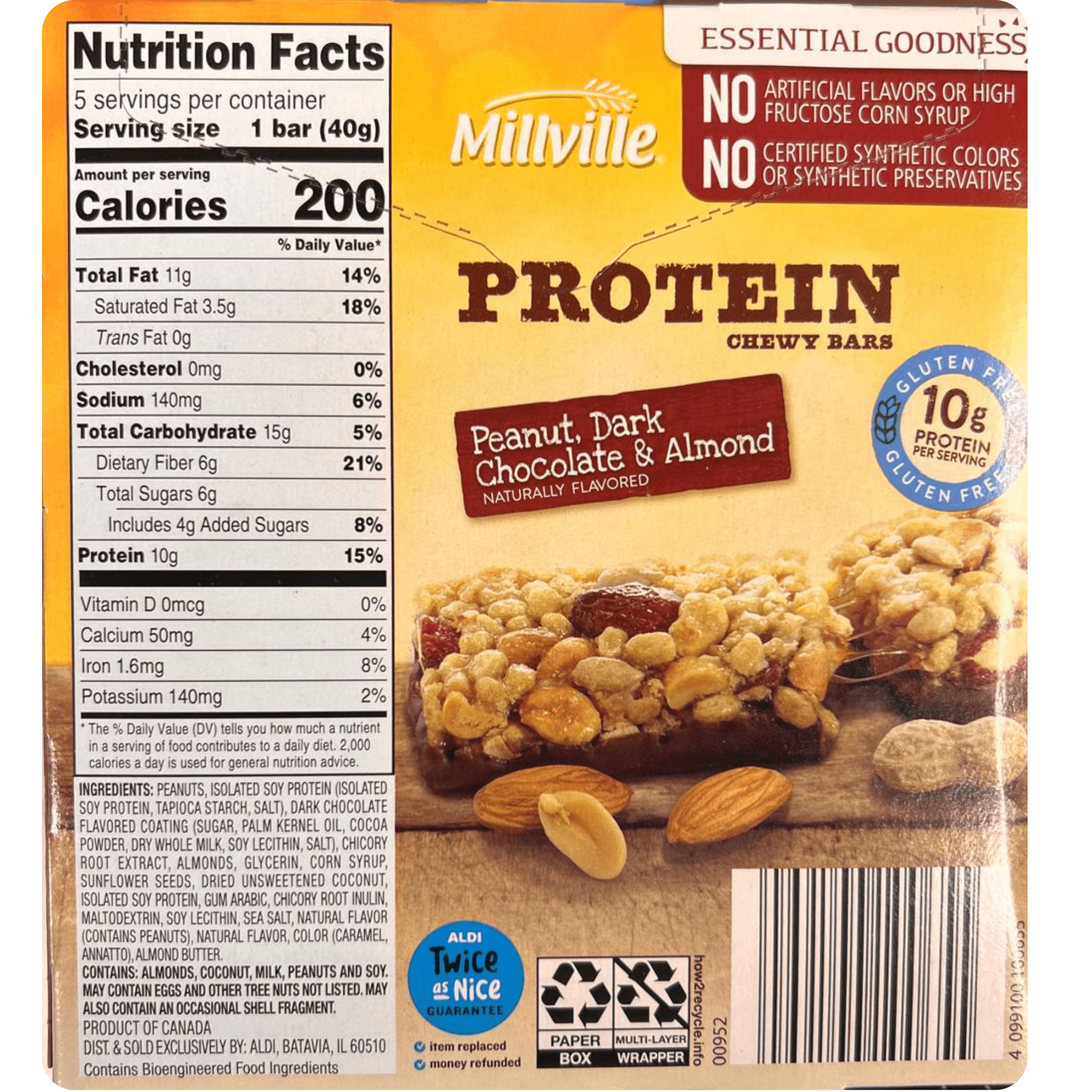 Chewy Protein Granola Bars – Peanut, Dark Chocolate and Almond, 10g Protein, 4 Pack (20 Bars Total)