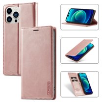 Dteck Case for iPhone 15 Pro Max,Shockproof Durable PU Leather Card Slot/Cash Pocket Wallet Case Rubber Kickstand Full Body Protective Cover,Rosegold