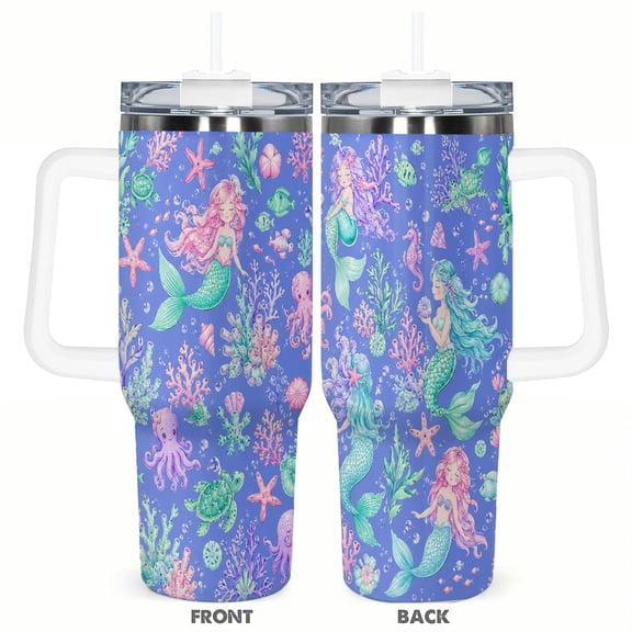 40oz Cute Mermaid Ocean Car Tumbler with Handle and Straw Gift Stainless Steel Insulated Travel Coffee Cup for Girls Women