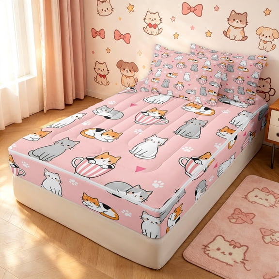 Manfei Cute Pet Zipper Twin Comforter Sets with Fitted Sheet and 2 Pillowcases, Cartoon Cup Kitten Zipper Bedding Set, Pink, Pink Reversible, 4pcs