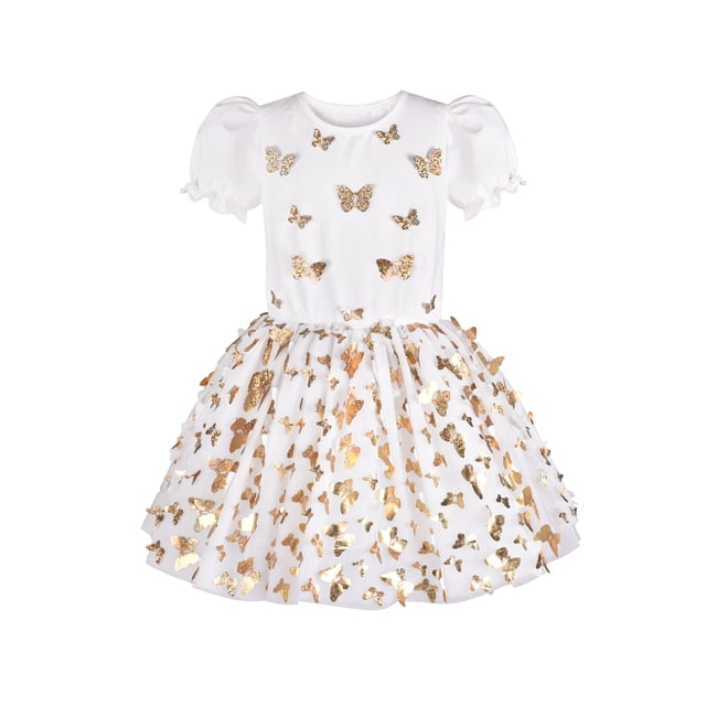 Girls Dress Gold Butterfly White Short Sleeve Tulle Tutu Dancing 8 Years