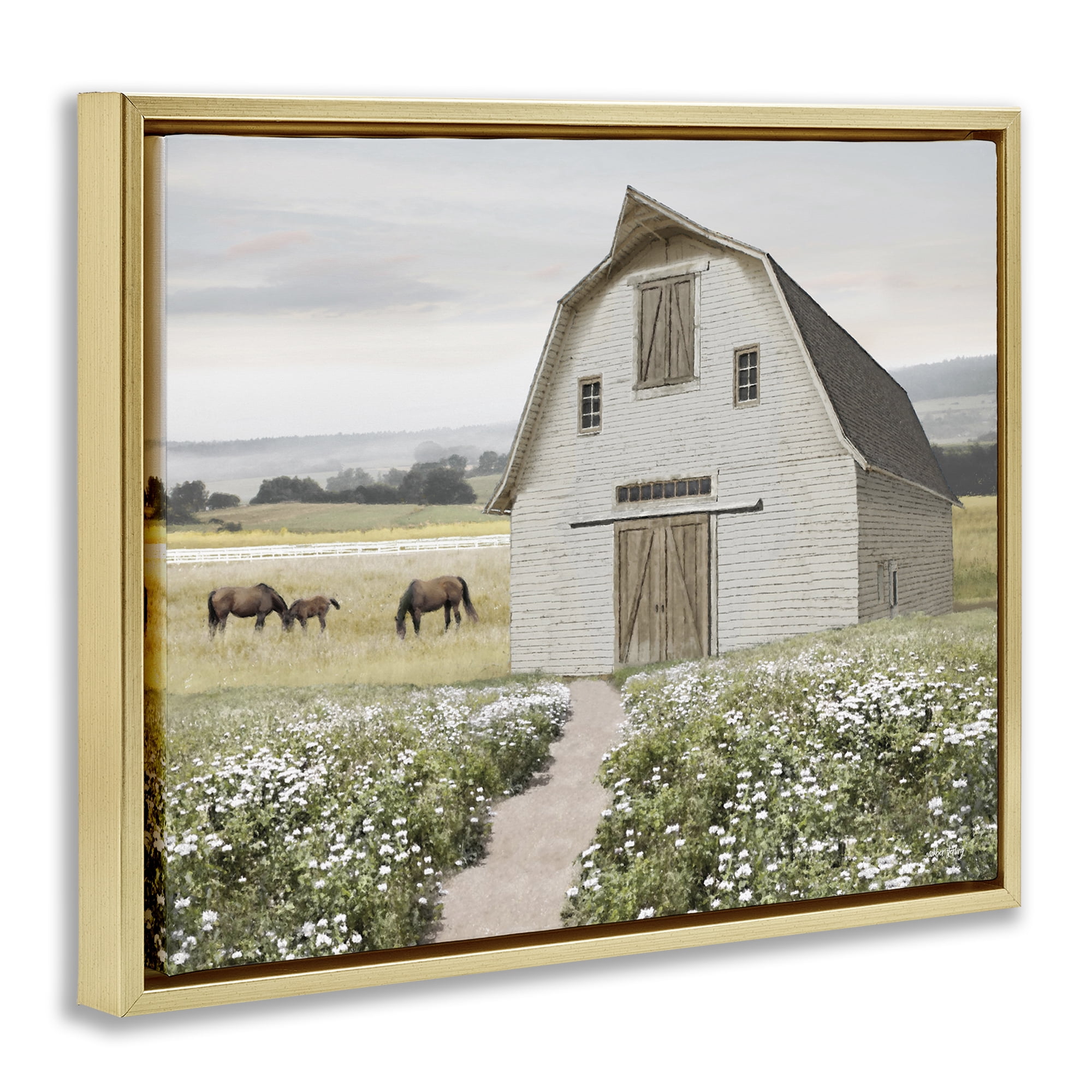 Stupell Industries Charming Path to Barn Landscape & Nature Painting Gold Floater Framed Canvas Art Print Wall Art, 21 x 17