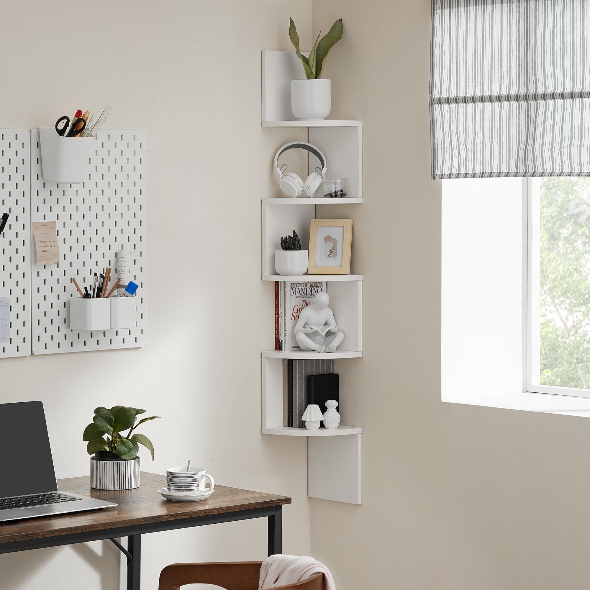 Corner Shelf Wall Mount 5-Tier Floating Corner Bookshelf Plant Shelf for Bedroom Living Room Bathroom Home Office White
