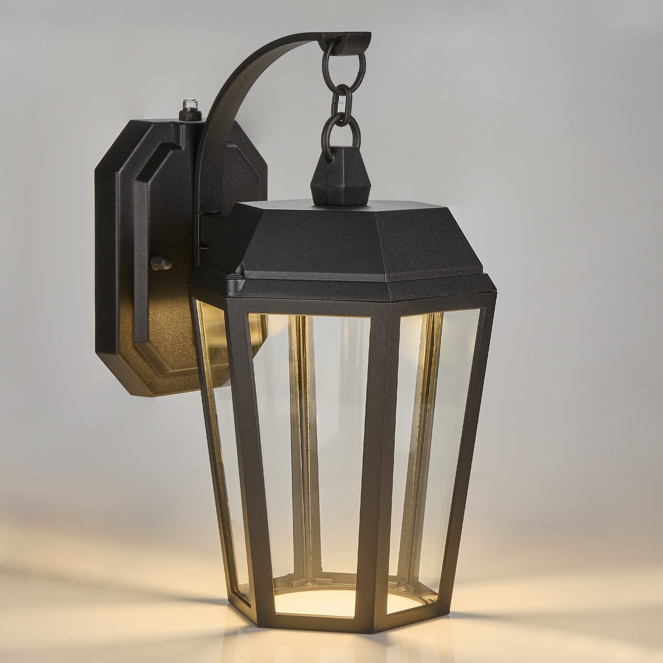 Maxxima LED Porch Lantern Outdoor Wall Light, Black w/ Clear Glass, Dusk to Dawn Sensor, 570 Lumens, 3000K Warm White
