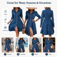 thumbnail image 6 of Women's Flowy Jean Dress, Vacation Lapel Long Puff Sleeve Button Down A-Line Swing Ruffle Denim Dress, 6 of 6