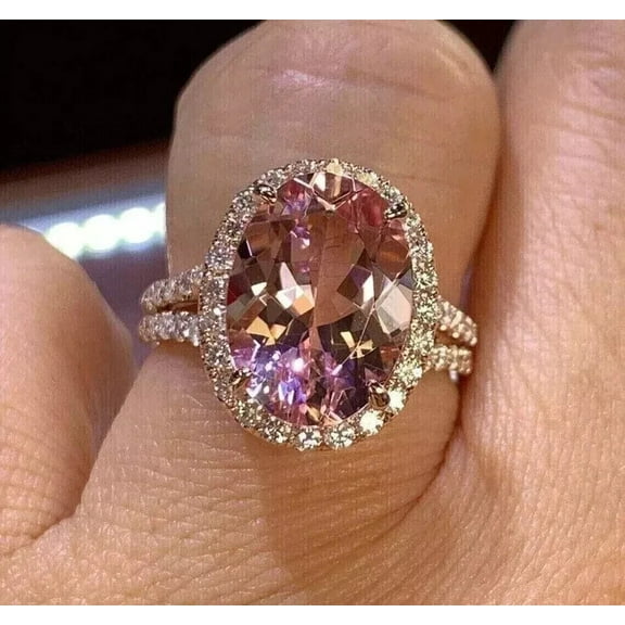 Aishvi Jewels 3 Ct Oval Cut Lab-Created Morganite Diamond Halo Engagement Ring 14K Rose Gold Plated 925 Silver Halo Ring