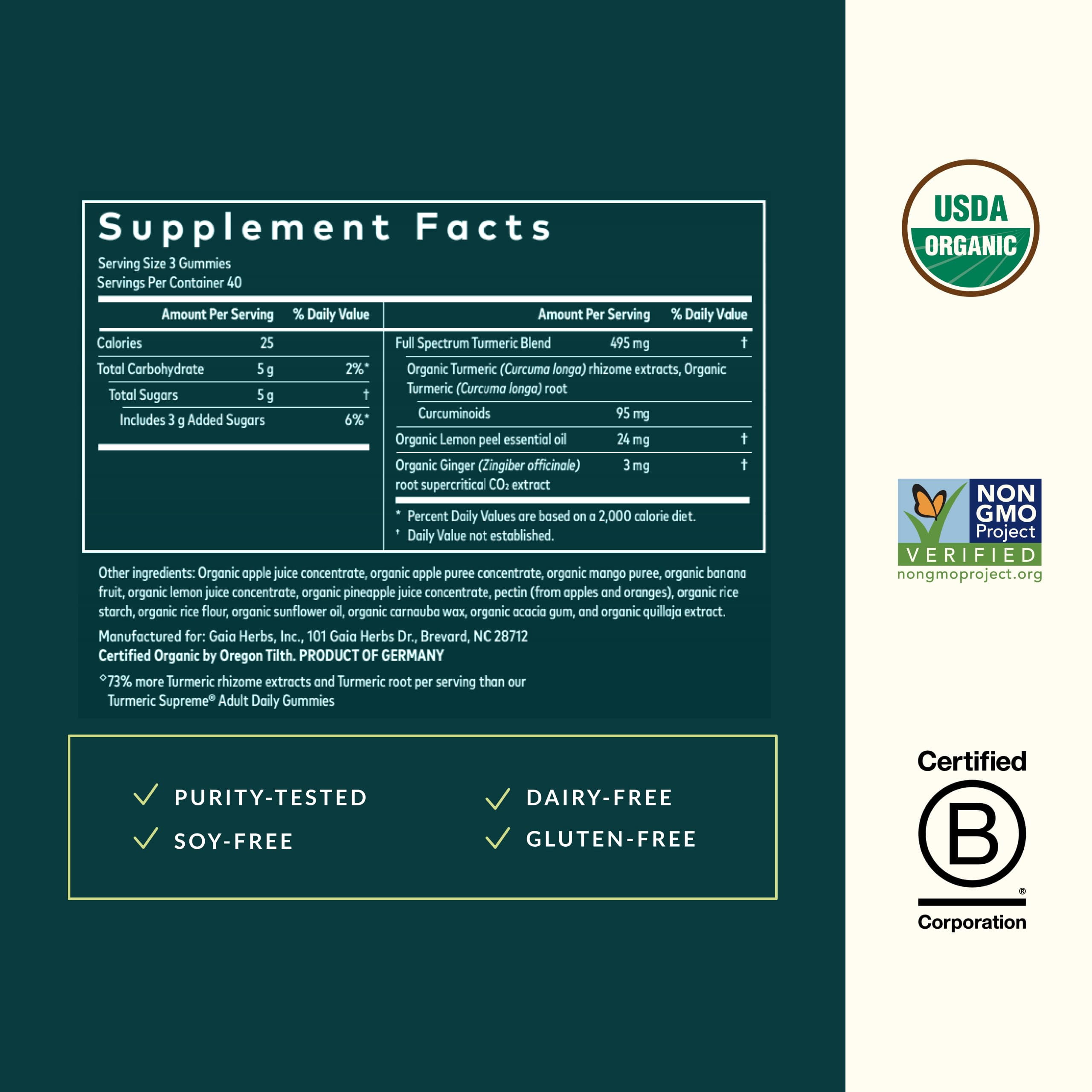 Gaia Herbs Turmeric Supreme Extra Strength Gummies - Supports Swelling Relief to Help Maintain an Active Lifestyle - Lemon Ginger Flavor - 120 Vegan Organic Gummies (40-Day Supply)