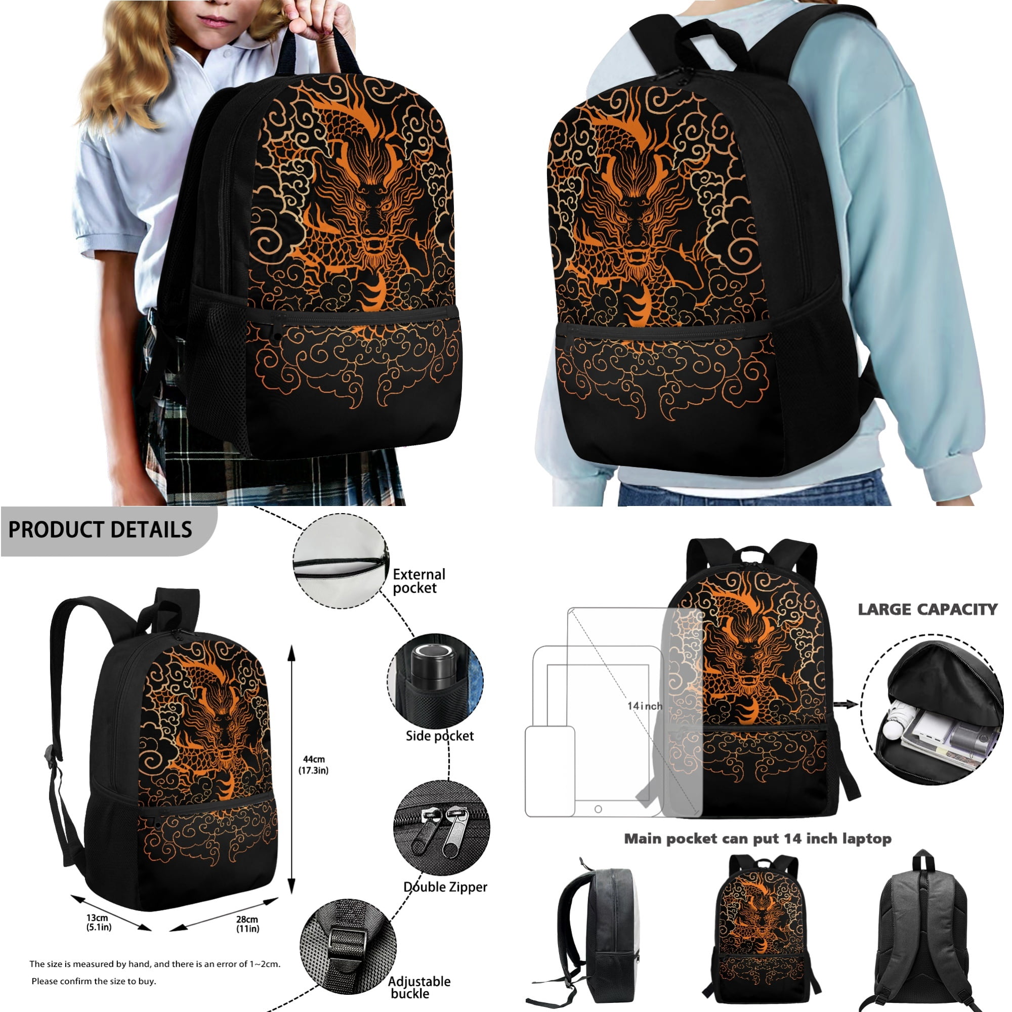 Xixirimido Cool Japanese Dragon Pattern 4Pcs Children Schoolbag Set Large Backpack with Lunch Box Pencil Pouch and Water Bottle Holder for Teens Boys Girls Bookbag Set