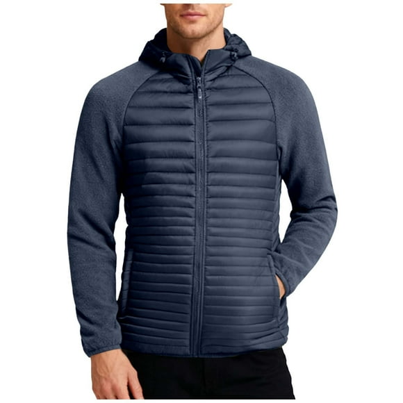Lovzfmll Men's Puffer Jacket for Men Detachable Hood Heavyweight Quilted Zippered Pockets Blue, M