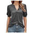 thumbnail image 2 of Pompotops T-Shirt Décontracté Mode Femme Col en V Couleur Unie Manches Courtes Ample, 2 of 4