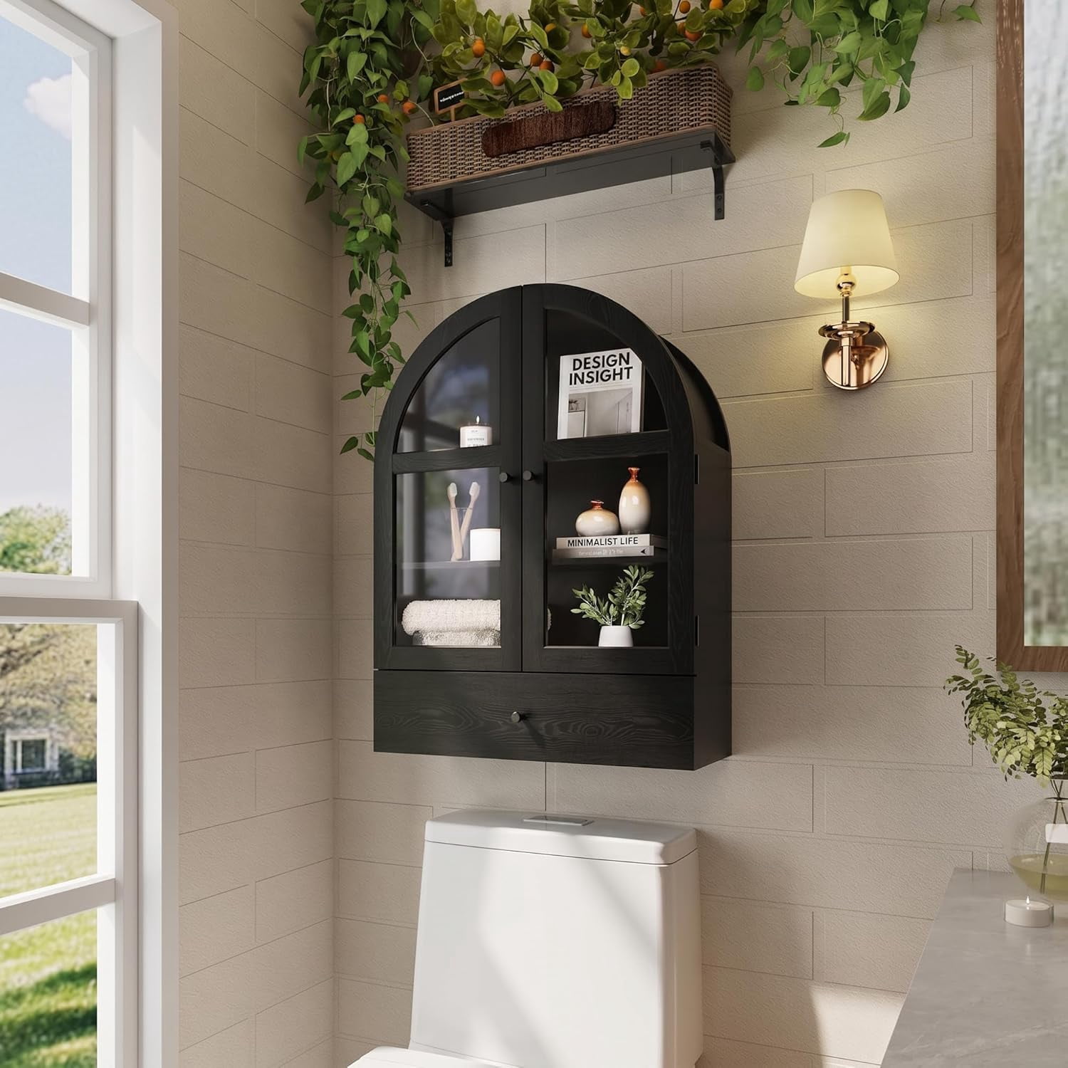 Wall Mounted Arched Medicine Cabinet, Bathroom Storage Cabinet with Glass Doors, Over The Toilet Floating Cabinet for Bedroom Kitchen, Black