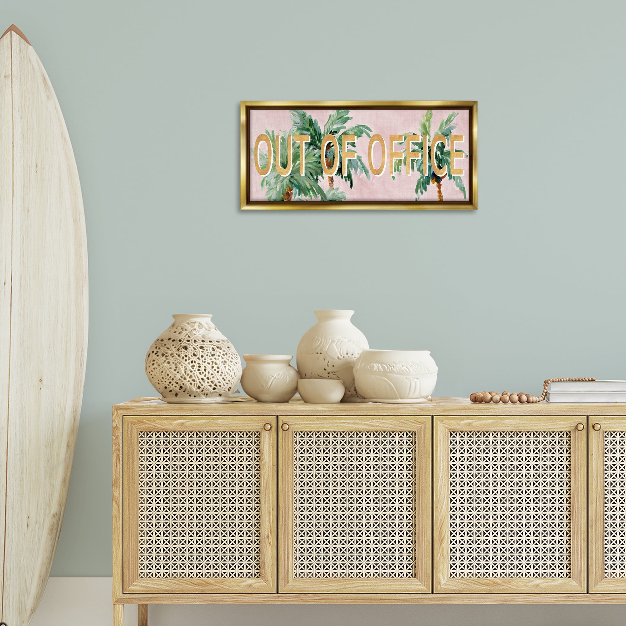 Stupell Industries Out Of Office Palms Typography Painting Gold Floater Framed Canvas Art Print Wall Art, 31 x 14