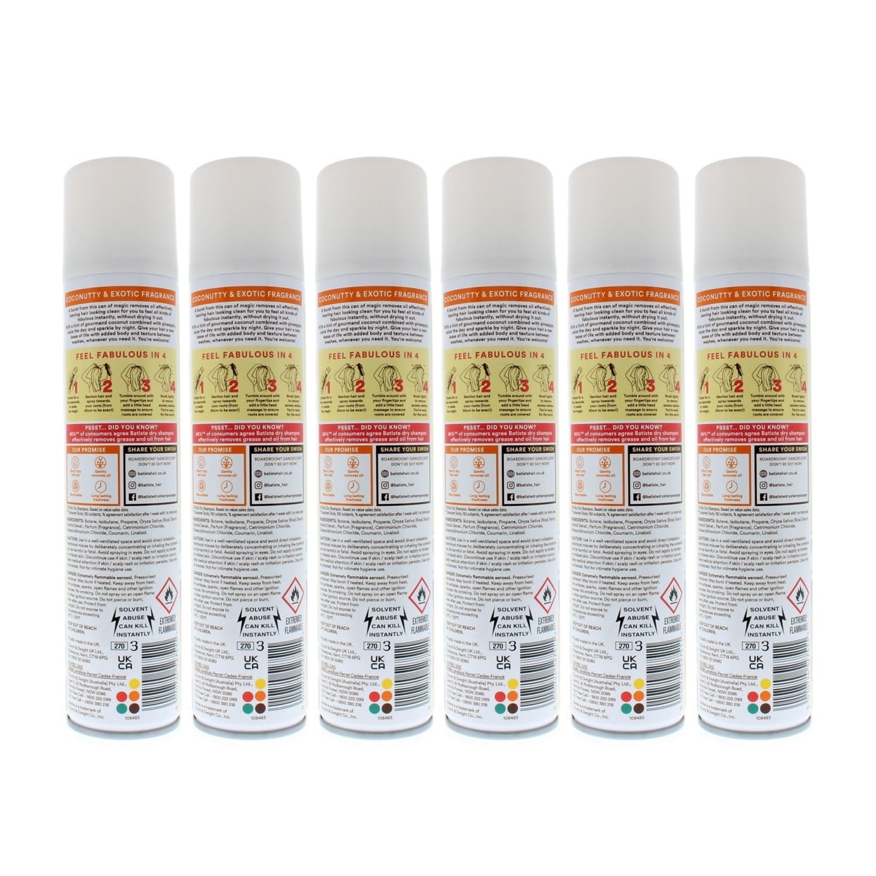 Batiste Dry Shampoo Tropical Coconut 200ml 120g 6-Pack Waterless Formula