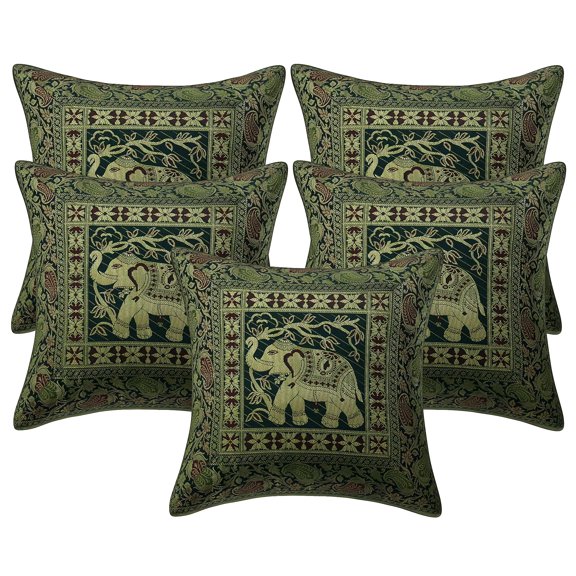 Stylo Culture Indian Chair Seat Throw Pillow Covers 16 x 16 Jacquard Dark Green Square 40x40 cm Home Decor Brocade Elephant Zippered Cushion Covers | Set Of 5