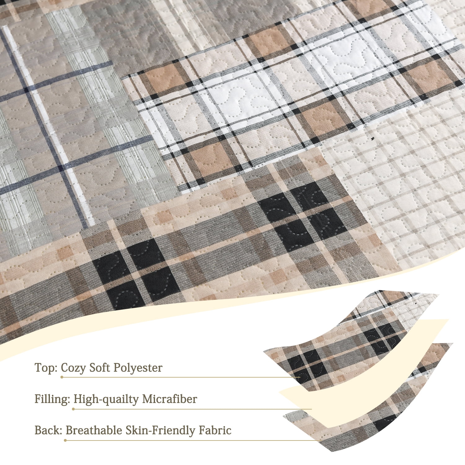 Kebury Plaid Quilt Set King Size Microfiber Ultra Soft Bedspread Ligthtweight Bedding Brown Coffee Quilt Coverlet Collection for Bedroom (1 Quilt, 2 Pillow Shams)