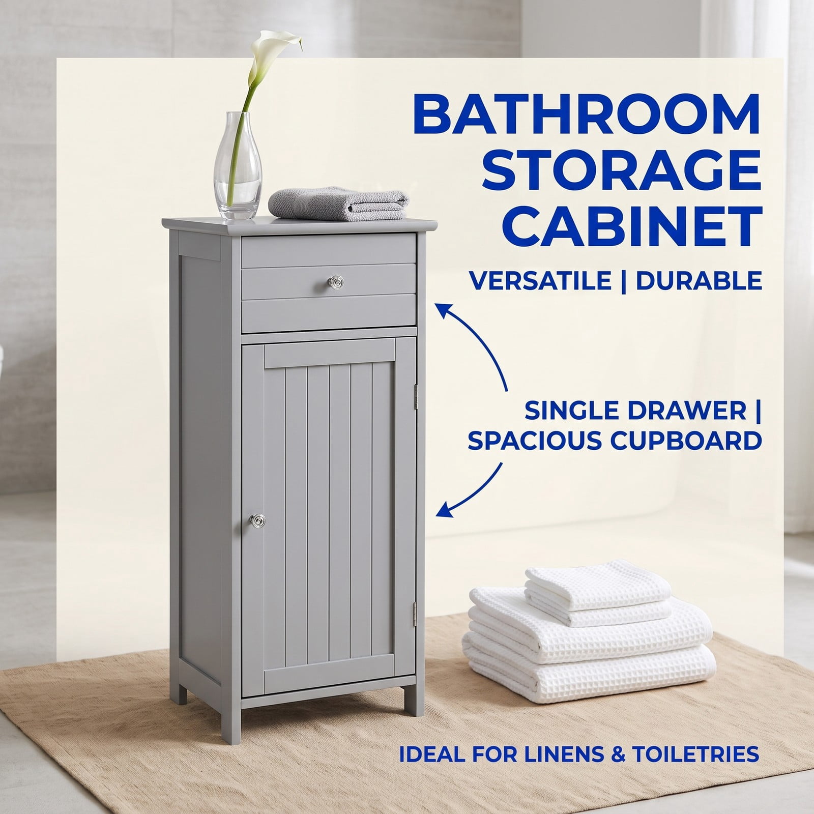 ALPULON Wooden Bathroom Floor Storage Cabinet with Drawer and Adjustable Shelf, Freestanding MDF Side Organizer for Bathroom Entryway Living Room, Gray