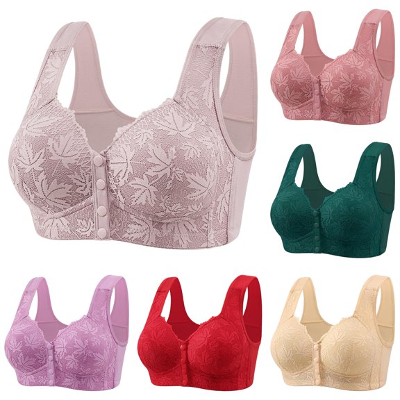 Huowey Bras For Women No Underwire Solid Color Comfortable Wide Shoulder Strap Front Button Wireless Bra Lace V Neck Seamless Support Brassiere,Grey