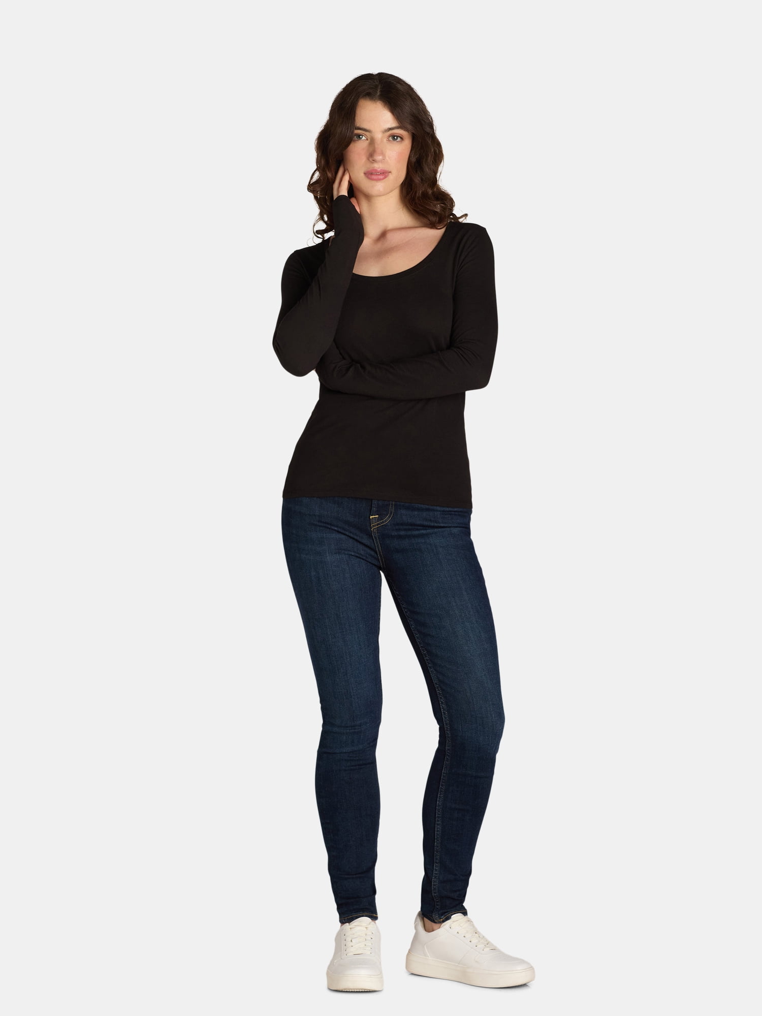 No Boundaries Scoop Neck Everyday Tee with Long Sleeves, 1 and 3 Pack, Women's
